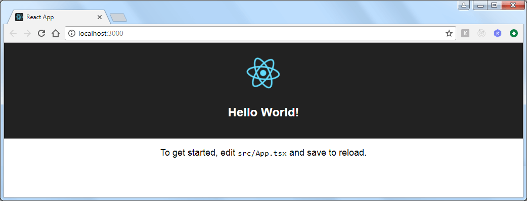 'Hello World!' now shows up in browser thanks to hot reloading
